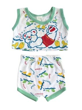 Vintage 90s Cuties By Judy Set Baby Outfit Teddy Bear Fish Print Hong Kong 3-6M